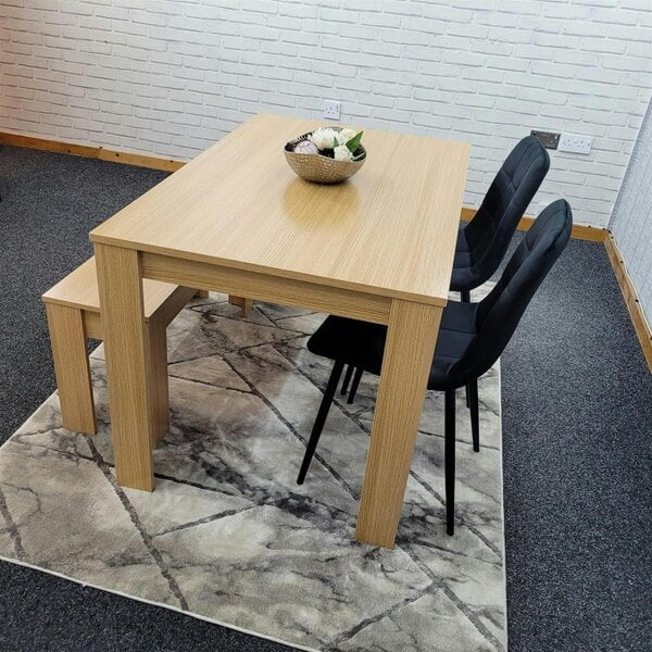 KOSY KOALA 4 Seater Modern Light Wood Dining Table Set with 2 Black Velvet Chairs and Bench H75 x L140 x W80 cm
