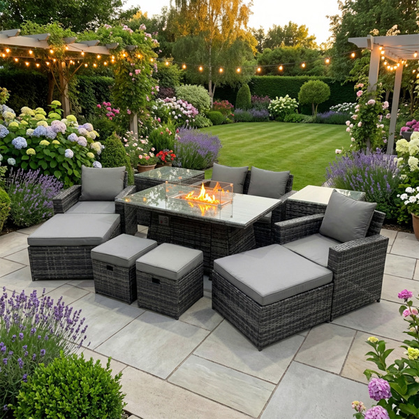 Fimous 8 Seat Rattan Outdoor Furniture Set with Gas Fire Pit Dining Table, 4 Footstools, 2 Chairs & 2 Side Tables - Dark Grey