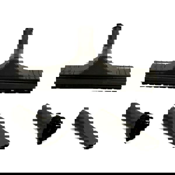Black vacuum attachments including a wide brush head, a narrow crevice tool, and a round brush for versatile cleaning options