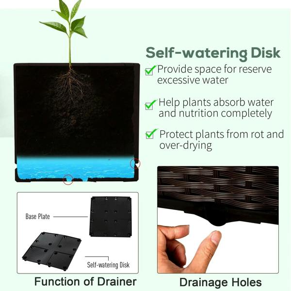 Self-watering raised planter base with drainage disk; brown rattan-pattern planter box