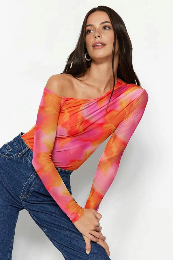 WOVCOR Knit Bodysuit with a Transparent Tulle Back Detail