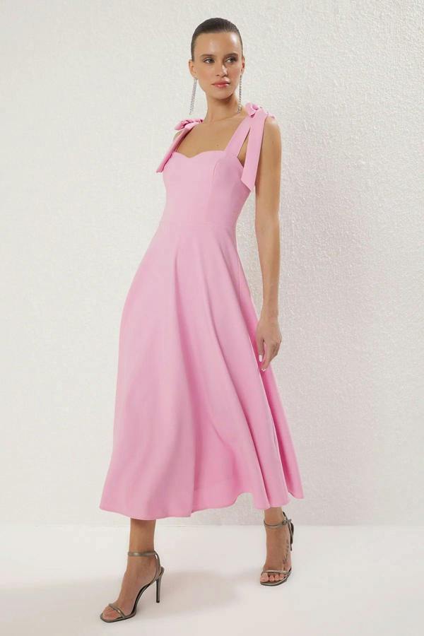 Hoxton Gal Elegant Woven Midi A-Line Dress with Tie-Strap Detail