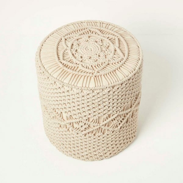 HOMESCAPES Astrid Natural Macrame Pouffe - 42 cm Tall