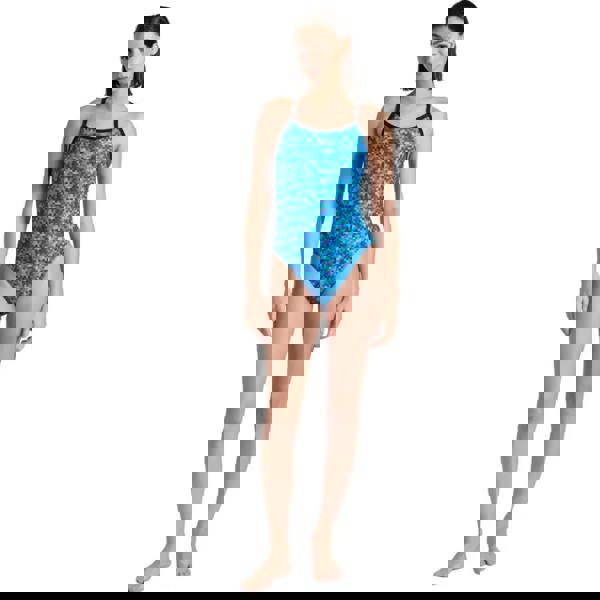 Arena Pooltiles Challenge blue floral one-piece swimsuit with black trim