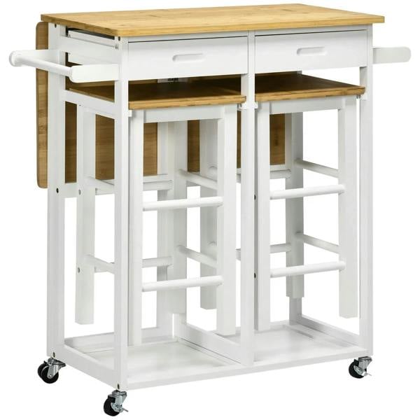 White kitchen island cart with bamboo top, open storage shelves, and two stools