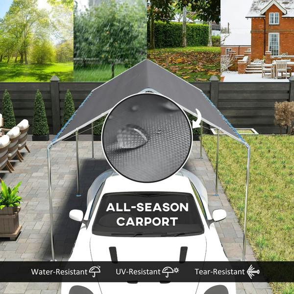 Grey carport canopy with black roof, front view over white car, open sides