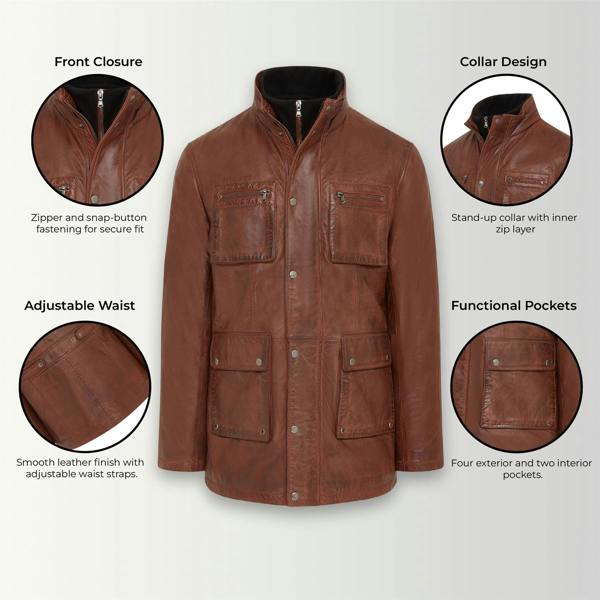 Infinity Leather Men’s Leather Military Jacket Outwear Trenchcoat - Field