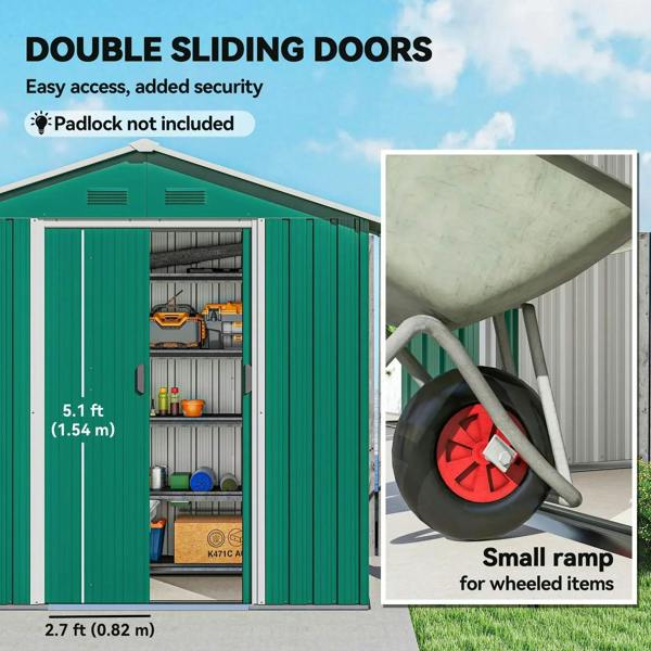 Green metal shed with double sliding doors and small ramp for wheeled items