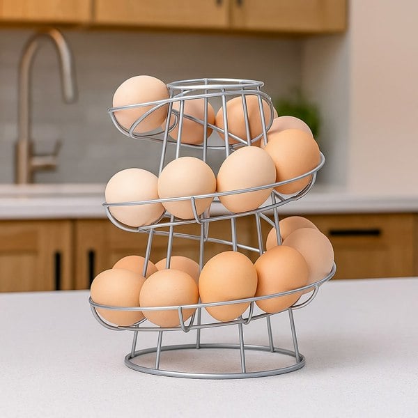 Silver spiral helter skelter egg holder rack for kitchen counter holds up to 18 eggs

