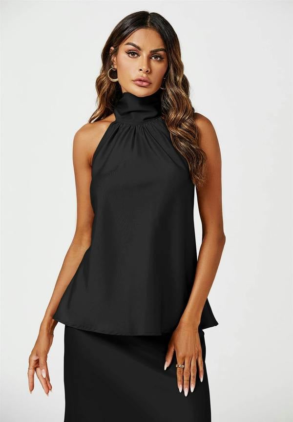 FS Collection Satin Halter Neck Tie Back Top In Black