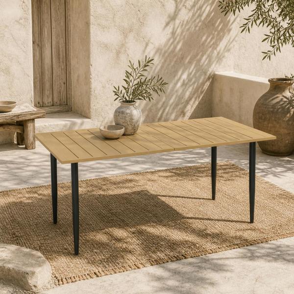 Wyld Haus Safafa 150cm Metal Brown Rectangular Garden Dining Table With Slatted Top And Parasol Hole