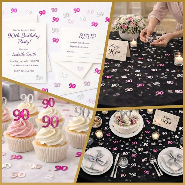 Pink and Silver 90th Birthday Foil Confetti Decoration Set, Metallic Finish for Tables and Displays image 3