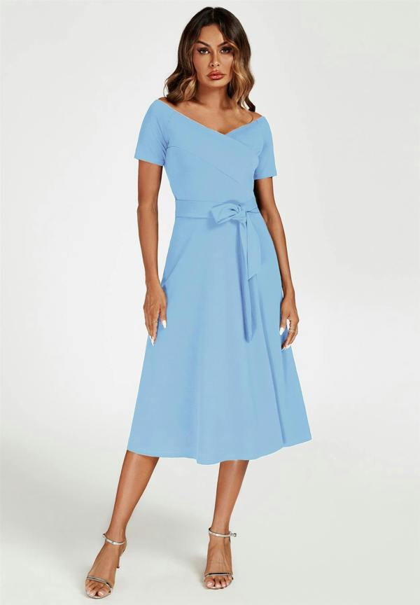 FS Collection Bardot Midi Dress In Light Blue