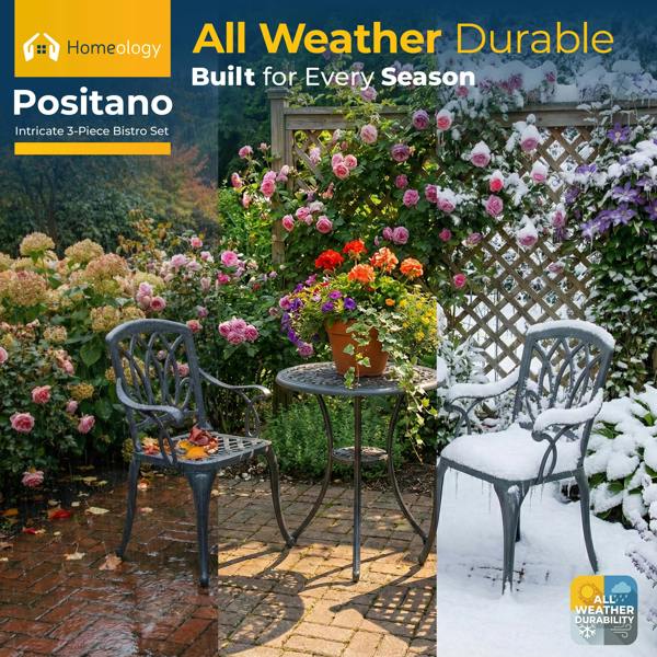 Homeology POSITANO Luxurious Garden and Patio Table and 2 Large Chairs with Armrests Cast Aluminium Bistro Set - Grey