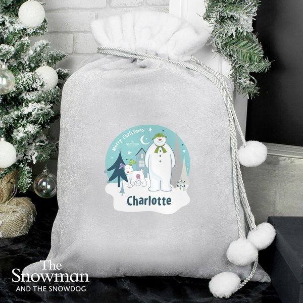 Personalised Memento Company Personalised The Snowman and the Snowdog Luxury Silver Grey Pom Pom Sack