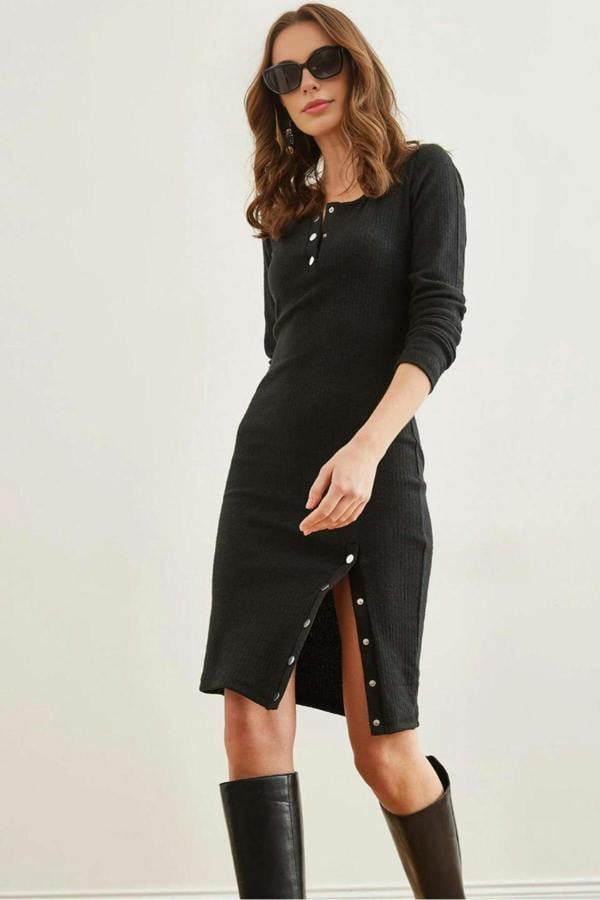 Hoxton Gal Brushed Stretch Dress with Button Details and Slit