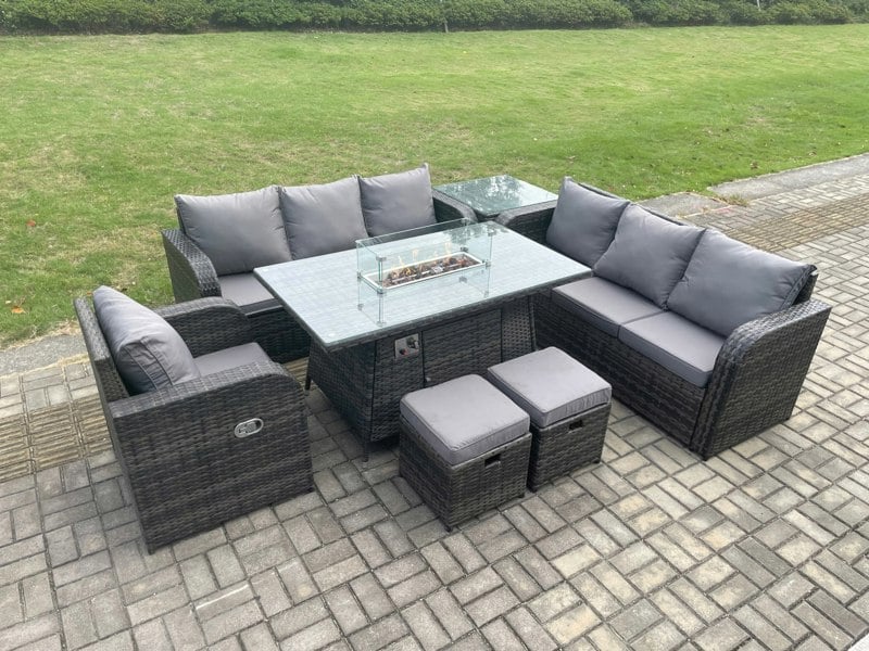 Fimous 9-Seater Rattan Outdoor Gas Fire Pit Dining Set | Rectangle Table, Reclining Chair, 3-Seater Sofa, 2 Footstools, Side Table