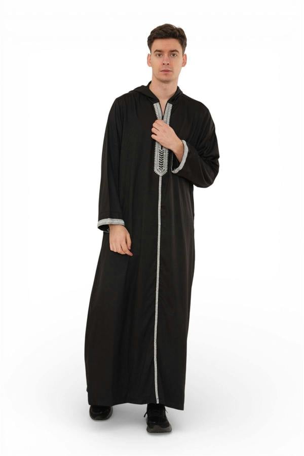 Infinity Leather Men's Hooded Moroccan Embroidery Djellaba Islamic Jubba Robe Eid Ramadan Thobe