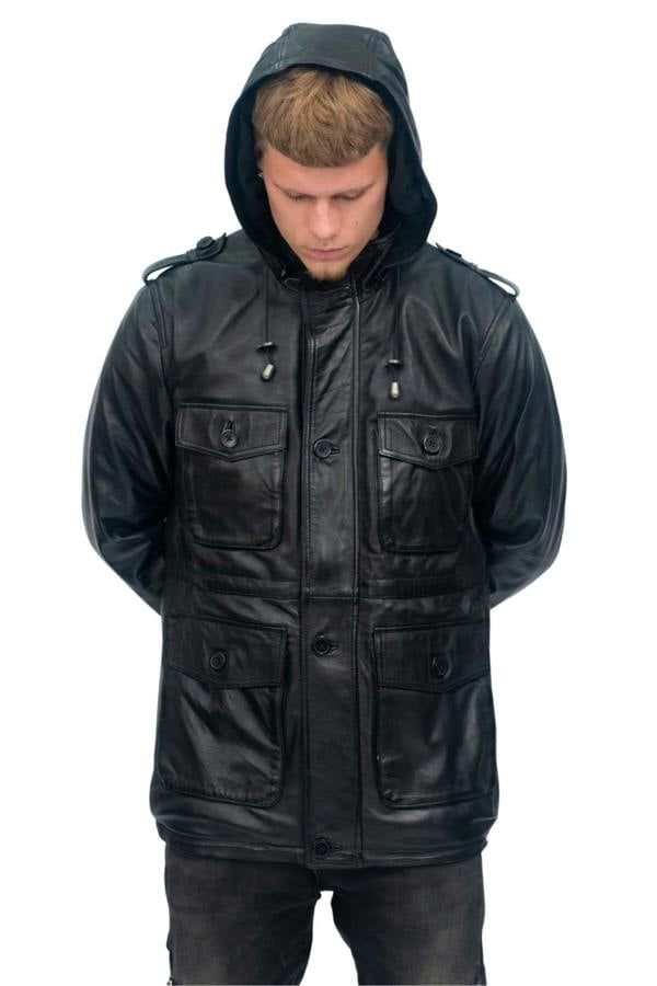 Infinity Leather Mens Leather Hooded Trench Coat-Medellin