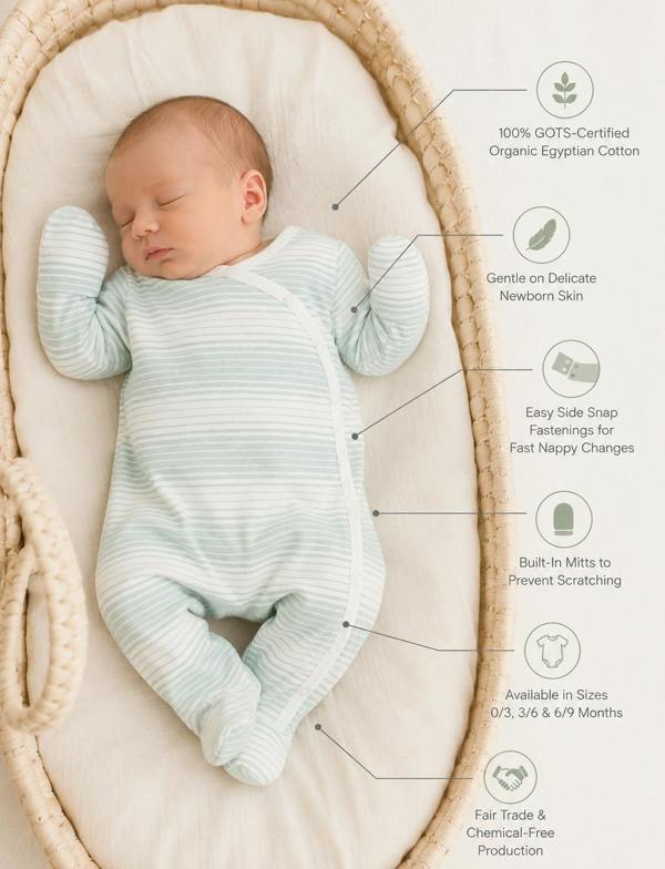 Organic newborn sleepsuit features - GOTS-certified organic Egyptian 
cotton, side snap fastenings and built-in mitts, Prima Cotton