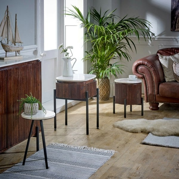 IH Design Miel Mango Wood Sideboard/Drinks Cabinet With Marble Top & Metal Legs