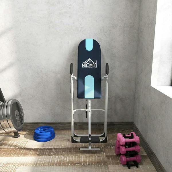 Foldable inversion table with black-and-blue backrest pad, white frame, standing base