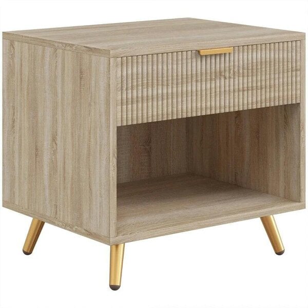 Bedside Table with Drawer and Open Compartment, Nightstand with Handle for Bedroom, Living Room, Natural Wood Finish