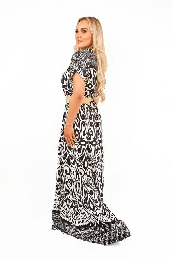 Amelina Button Down Printed Maxi Shirt Dress With Waist Detail - Black