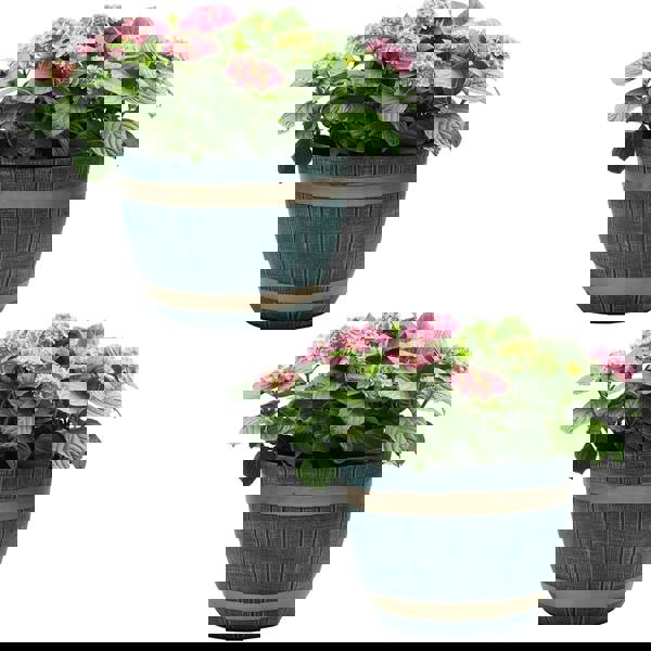 Gr8 Garden 2 x Large Blue Rustic Style Plastic Half Barrel Cask Planter Flower Plant Pot Set