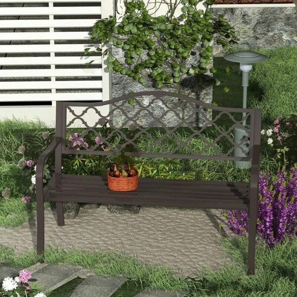 Antique Style Outdoor Cast Iron Front Porch Bench Path Chair Seat, Brown