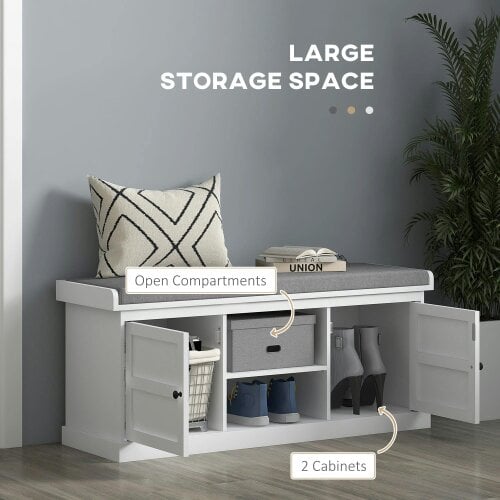 Wyld Haus Lire Wooden White And Grey Multi Compartment Shoe Bench With Cushioned Top