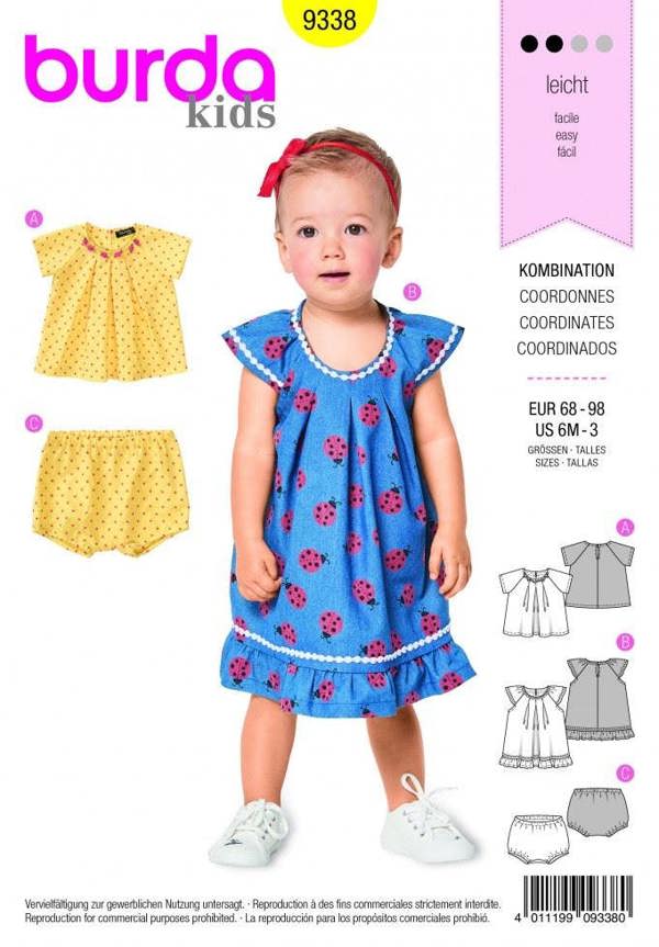 Burda Sewing Pattern 9338 Tops, Dresses and Shorts For Kids, 6 - 3 Months - Easy