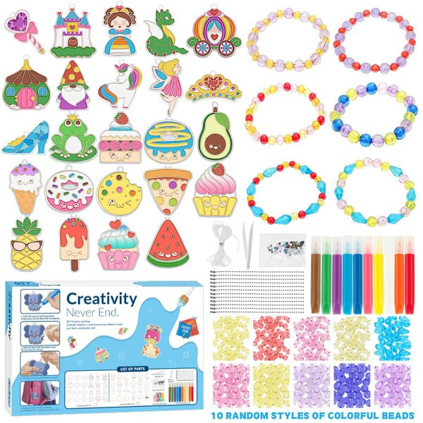 deAO Toys DIY Crystal Jewelry Craft Set for Girls Bake-Free Watercolor Painting Kit with Cartoon Pendants Arts & Crafts Gift Creative Handmade