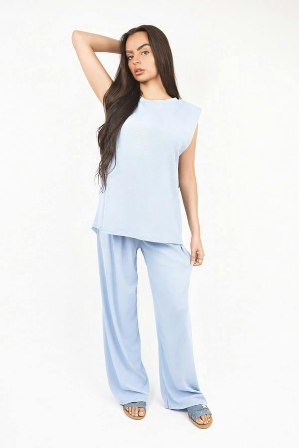 Liliane Sleeveless Relaxed Fit Top And Wide Leg Trouser Co-ord Set - Sky Blue