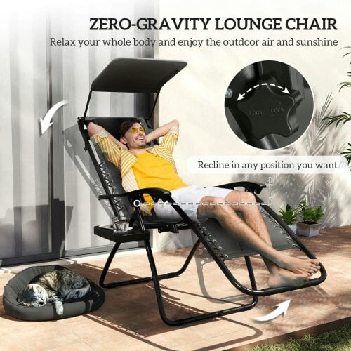 Bobobiy Zero Gravity Lounger Chair Set of 2, Folding Reclining Patio Chair with Shade Cover, Soft Cushion and Headrest for Poolside, Black
