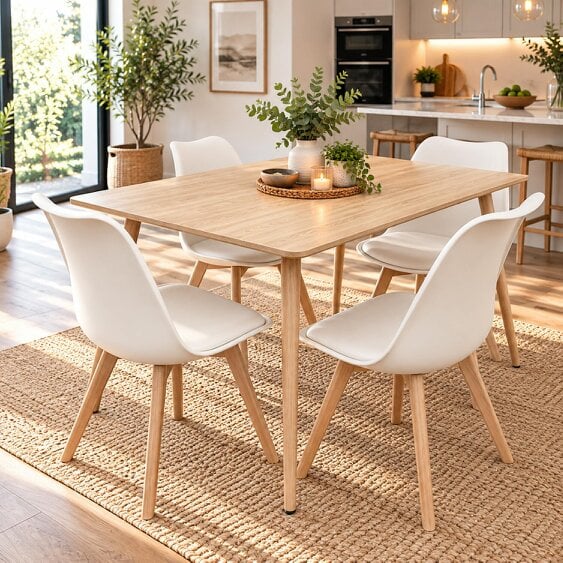 Kosy Koala Modern Rectangle Wood Effect Dining Table Set With 4 White Plastic Chairs Dining Room Furniture
