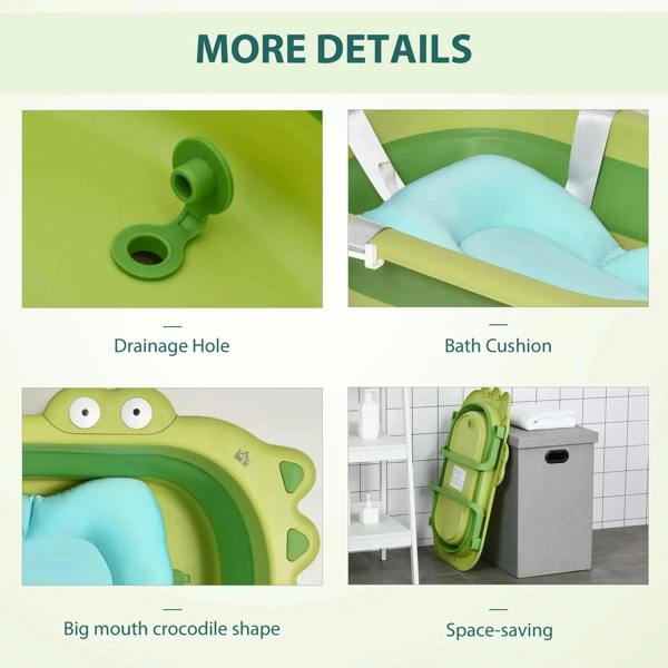 Green baby bath tub details with drainage opening and blue bath cushion
