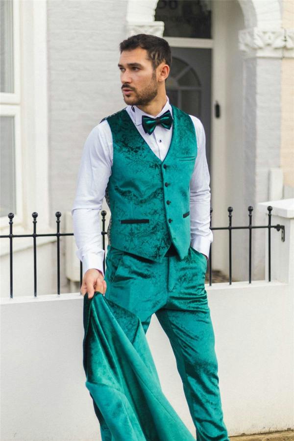Infinity Leather Men's Green 3 Piece Velvet Wedding Tuxedo Formal Suit
