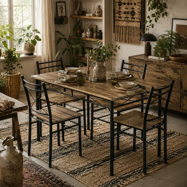 Wyld Haus Birutte Wooden Oak Effect And Black 5 Piece Minimal Dining Set
