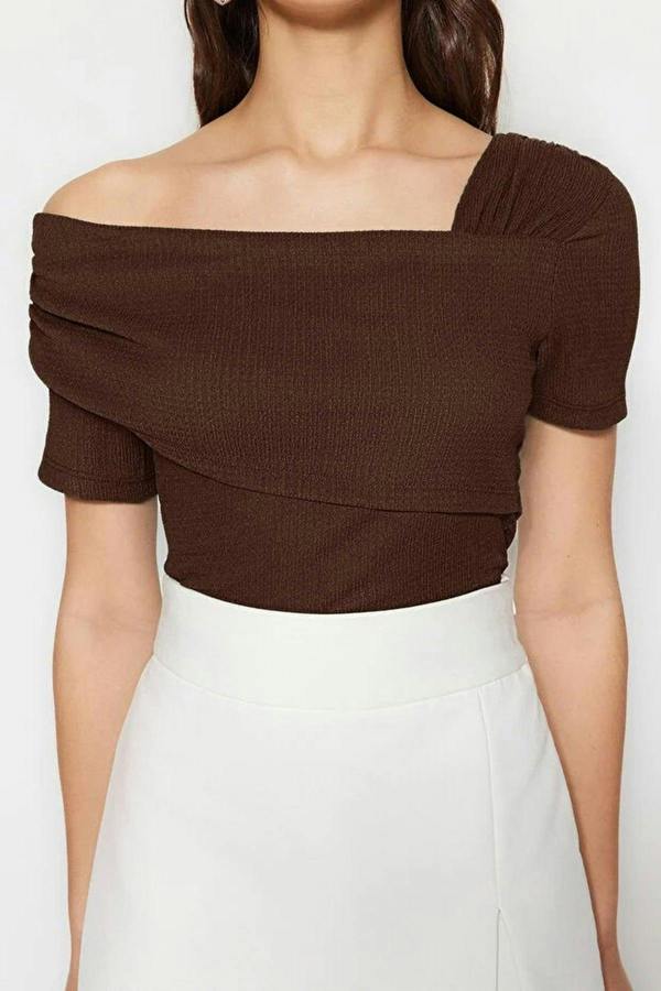 WOVCOR Asymmetrical Collar Fitted Snap Button Knitted Bodysuit