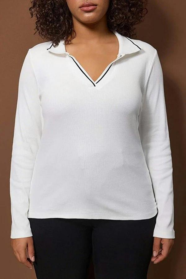 WOVCOR Knitted Collar Detail Fitted Ribbed Stretch Knit Blouse