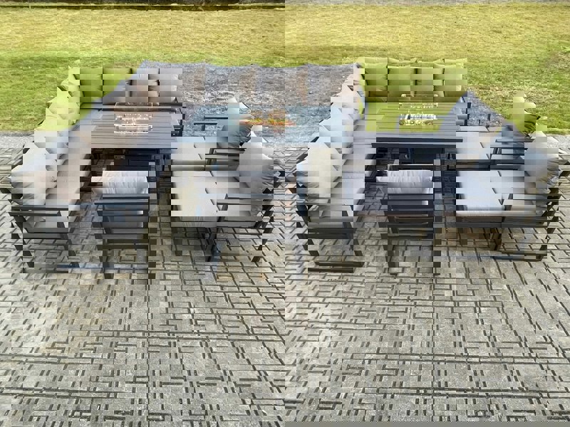 Fimous Aluminium 12 Seater Garden Furniture Outdoor Set Patio Lounge Sofa Gas Fire Pit Dining Table Set with 3 Chair 2 Big Footstools Dark Grey