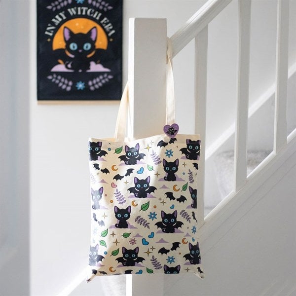 Serano Cute and Creepy Cat Print Polycotton Tote Bag with Enamel Pin