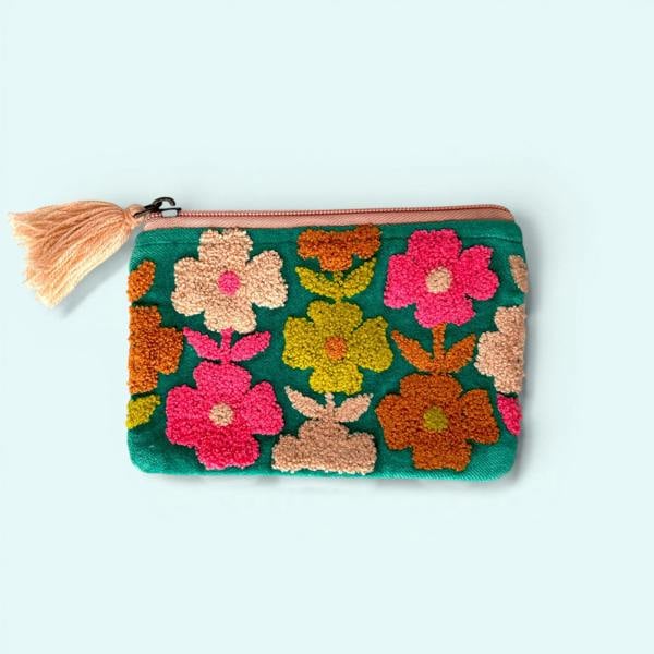 Hayley & Co Embroidered Velvet Coin Purse | Pop Floral in Turquoise and Pink