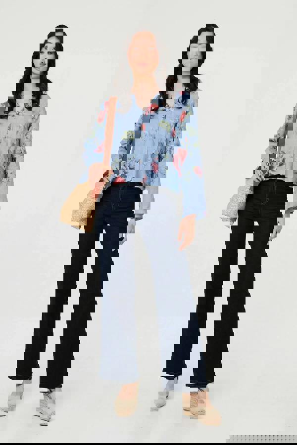 Blue | Floral 3/4 Turn-Up Sleeve Cropped Shirt