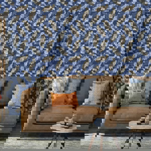 Hoopla Walls Feathers - Navy Blue 10m Wallpaper