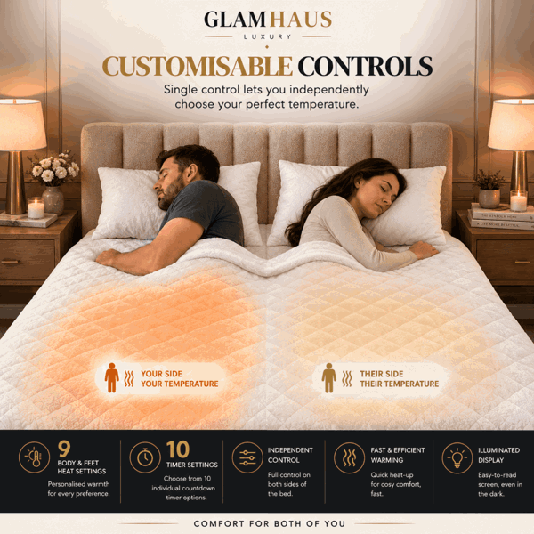 GlamHaus Prestige Electric Blanket King Size With 9 Body Settings, 9 Feet Settings, 9 Full Body Settings, 10 Timer Settings