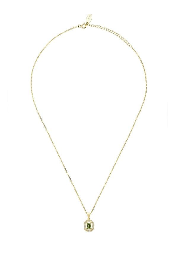 Gold necklace with a green pendant on a white background