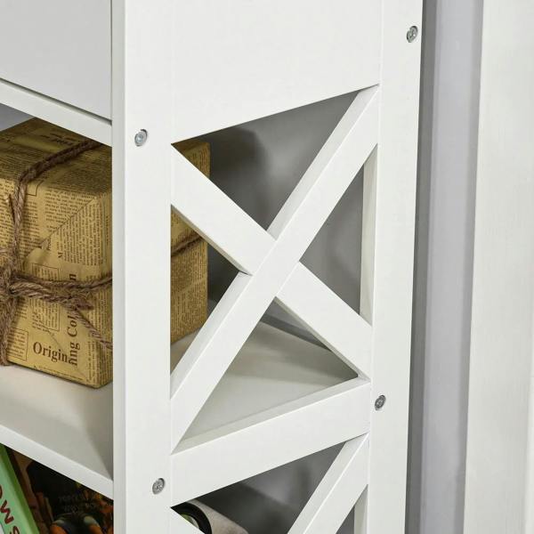 White console table side panel detail with X-shaped frame and open shelf interior