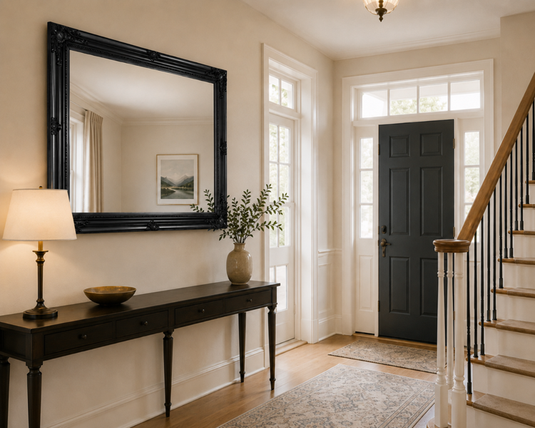 Downton Interiors Antique Style Extra Large Black Wood Frame Wall Mirror 106cm x 75cm